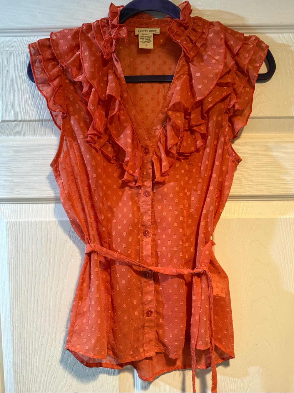 Pretty Good Coral Ruffle Tie-Waist Cap Sleeve Blouse